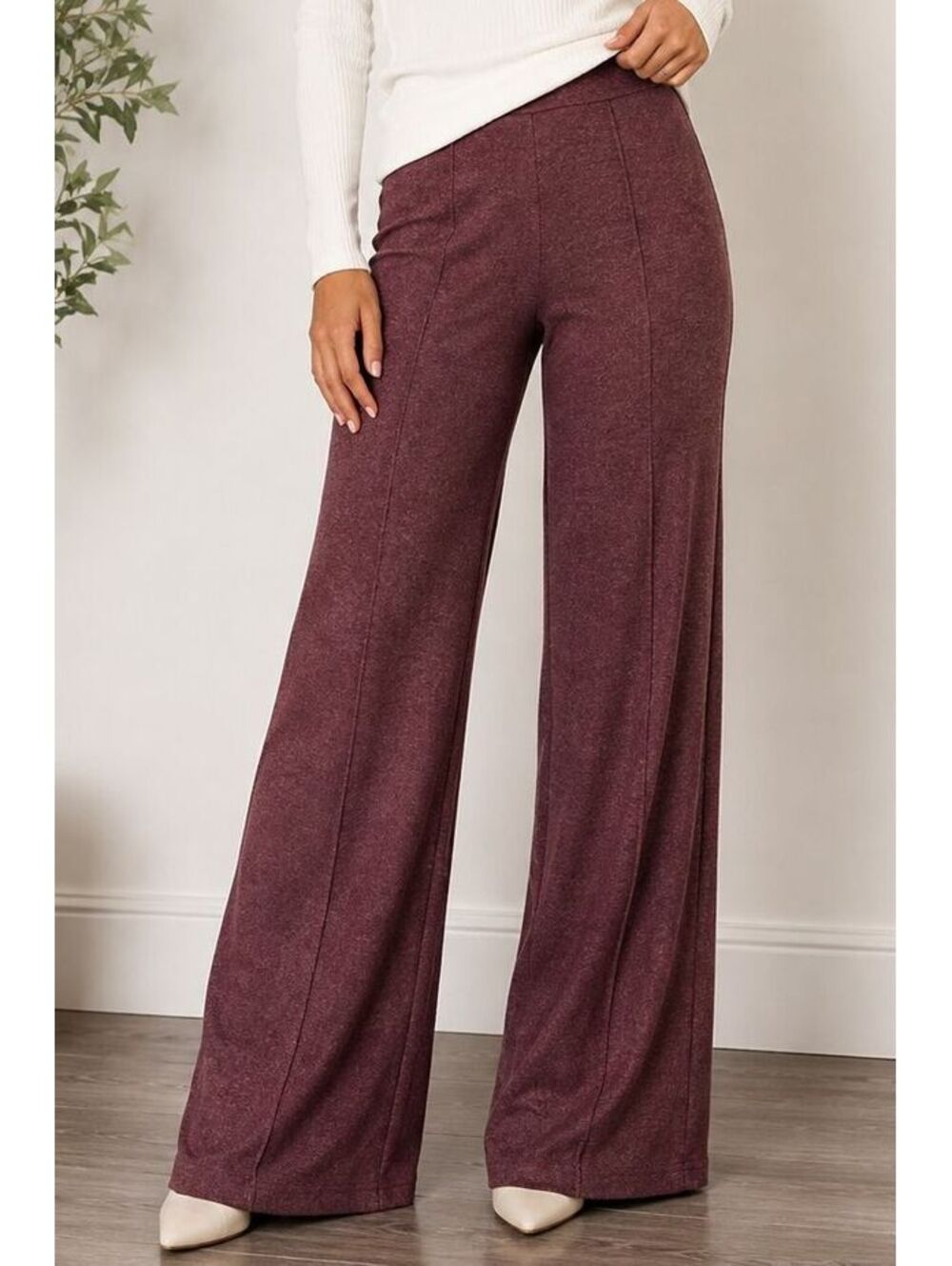 ZARA Women's Burgundy Maroon Knit Wide Leg Pants Trousers Palazzo Stretch
